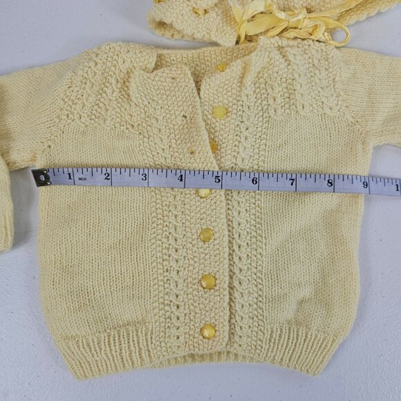 VTG Babies 12M-1Y Cardigan + Bonnet Hat/Silk Tie Set Yellow Knit Formal Event - Picture 7 of 13